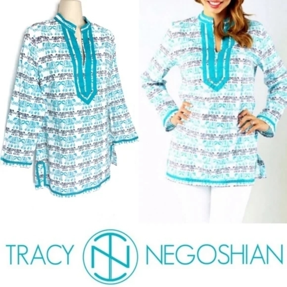 Tracy Negoshian Women's Teal and White Tunic Top XS ABBY Elephant Print